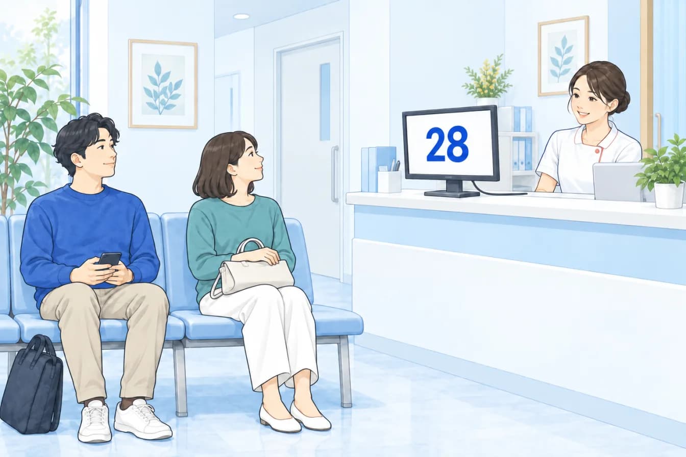受付カウンターに置いたスタンド付きの普通の PC モニターが待合側を向き、28 を大きく映している。カウンターの奥にはスタッフがいて、待合の椅子に座った 2 人が画面の方を見ている。