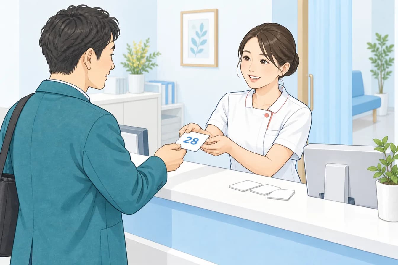 クリニックの受付で、スタッフが 28 と書かれた番号札を来院者に手渡している。カウンターには次の札が数枚置かれている。
