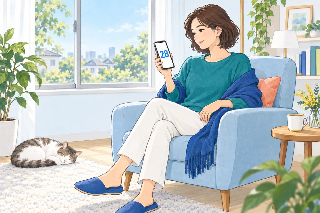 自宅の窓辺の椅子でくつろぎながら、手元のスマートフォンに出た 28 を確かめている人。