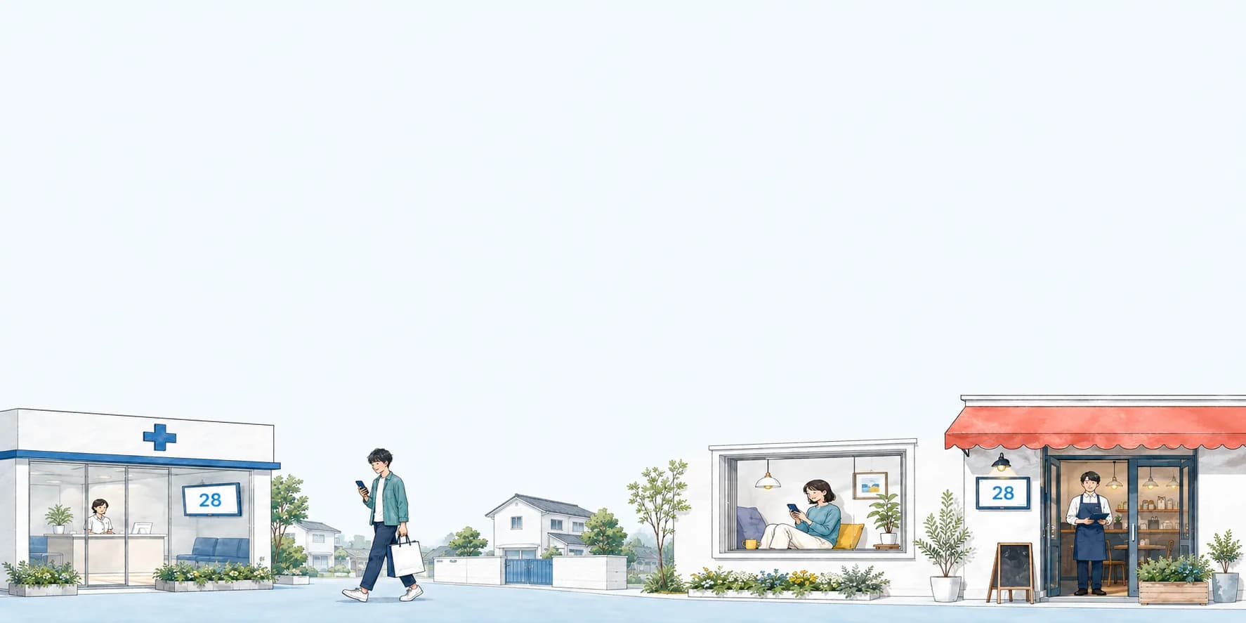 呼び出し番号を表示する病院と飲食店。外出先でもスマホで番号を確認できます。